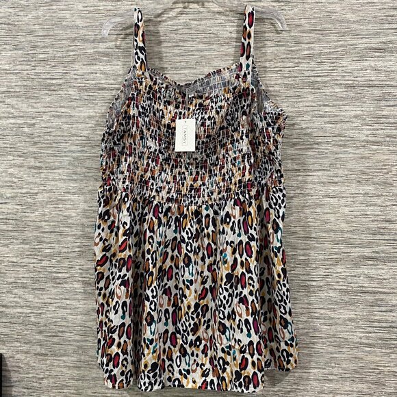Tamsy NWT One Size Plus Smocked Cami Tunic — Multicolor Leopard Print - Picture 1 of 5